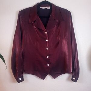 Vintage Impressions 80s Burgundy   V Neck Mother Of Pearl Button Up Tuxedo Shirt